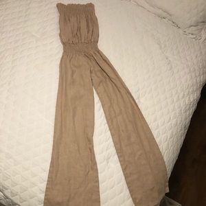 Tan linen strapless jumpsuit